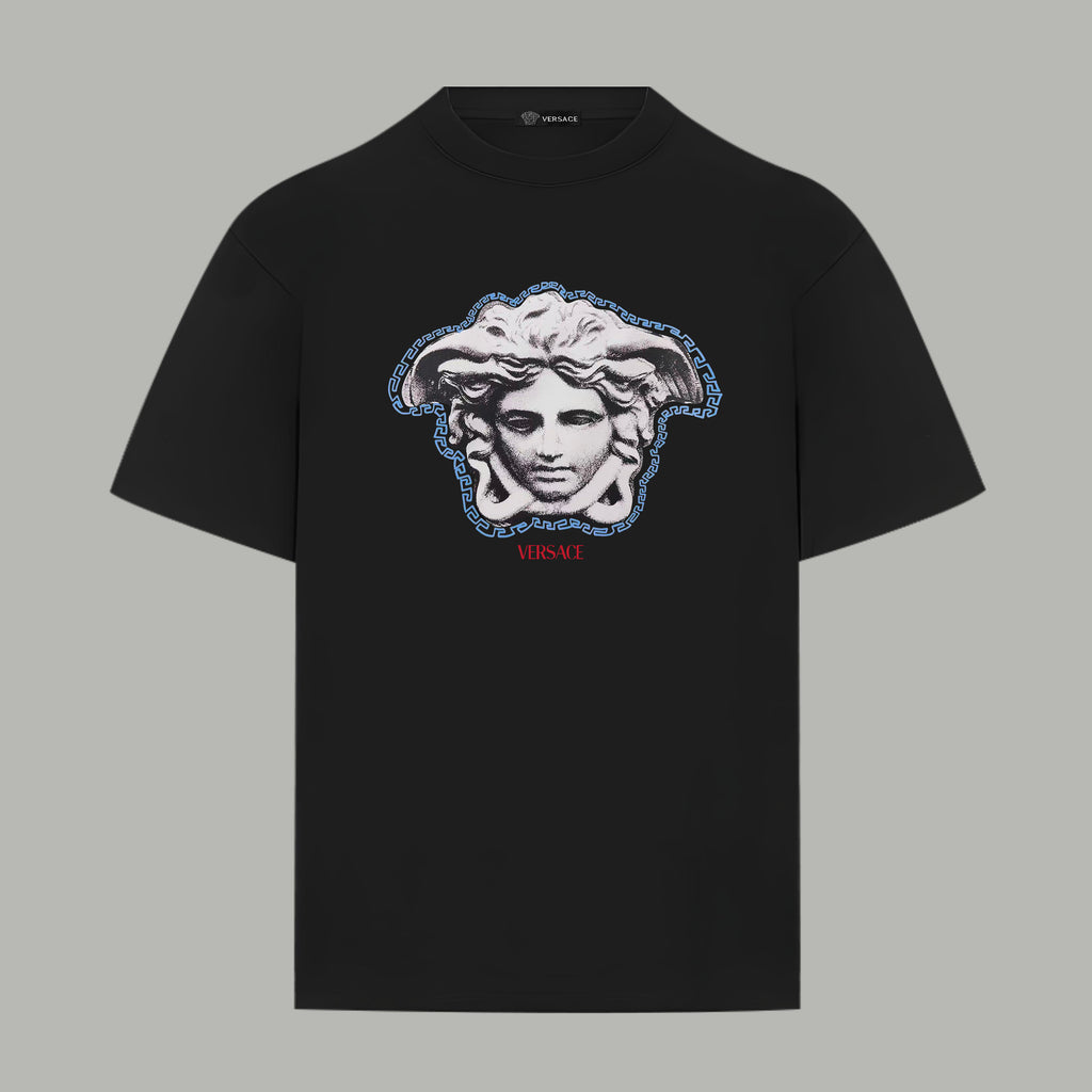 Black crew-neck T-shirt with blue Medusa graphic on the chest