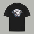 Black crew-neck T-shirt with blue Medusa graphic on the chest