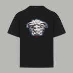 Black crew-neck T-shirt with blue Medusa graphic on the chest