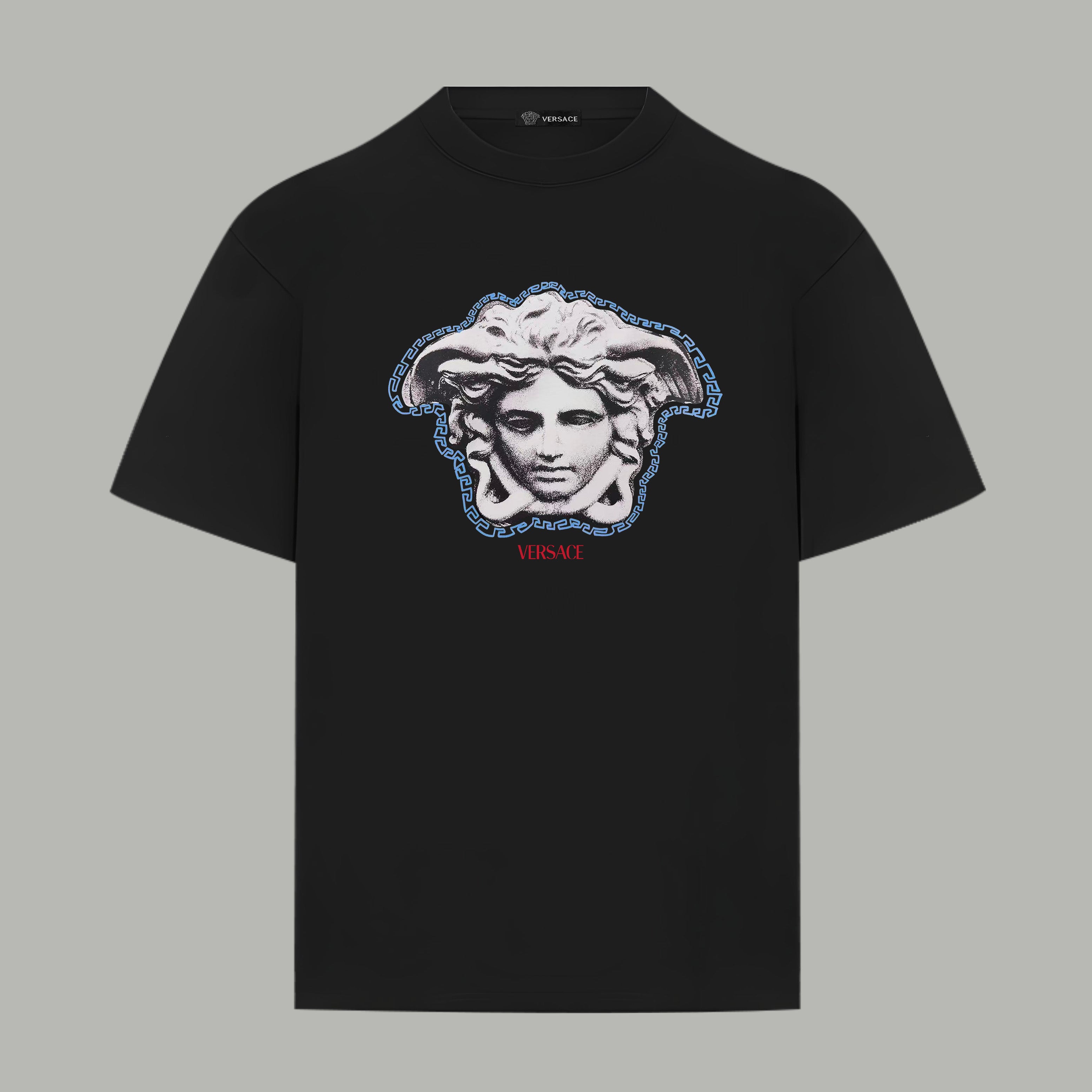 Black crew-neck T-shirt with blue Medusa graphic on the chest