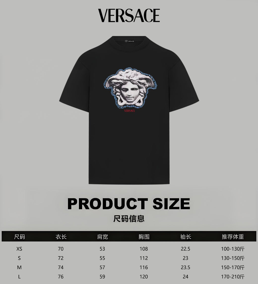 Black crew-neck T-shirt with Medusa graphic and product size chart