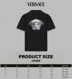 Black crew-neck T-shirt with Medusa graphic and product size chart