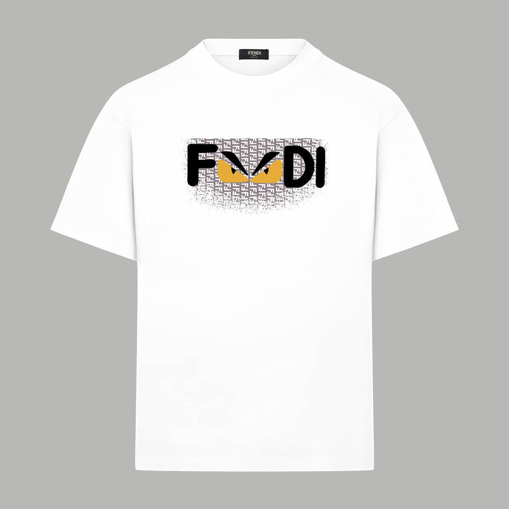 White short-sleeve T-shirt with FENDI logo graphic on the chest