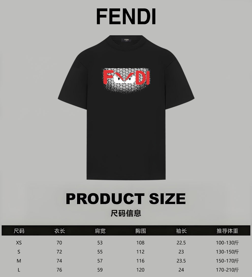 Black Fendi T-shirt front with product size chart