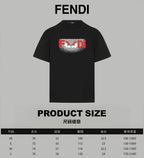 Black Fendi T-shirt front with product size chart