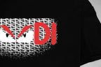 Black Fendi T-shirt logo graphic close-up with red accents
