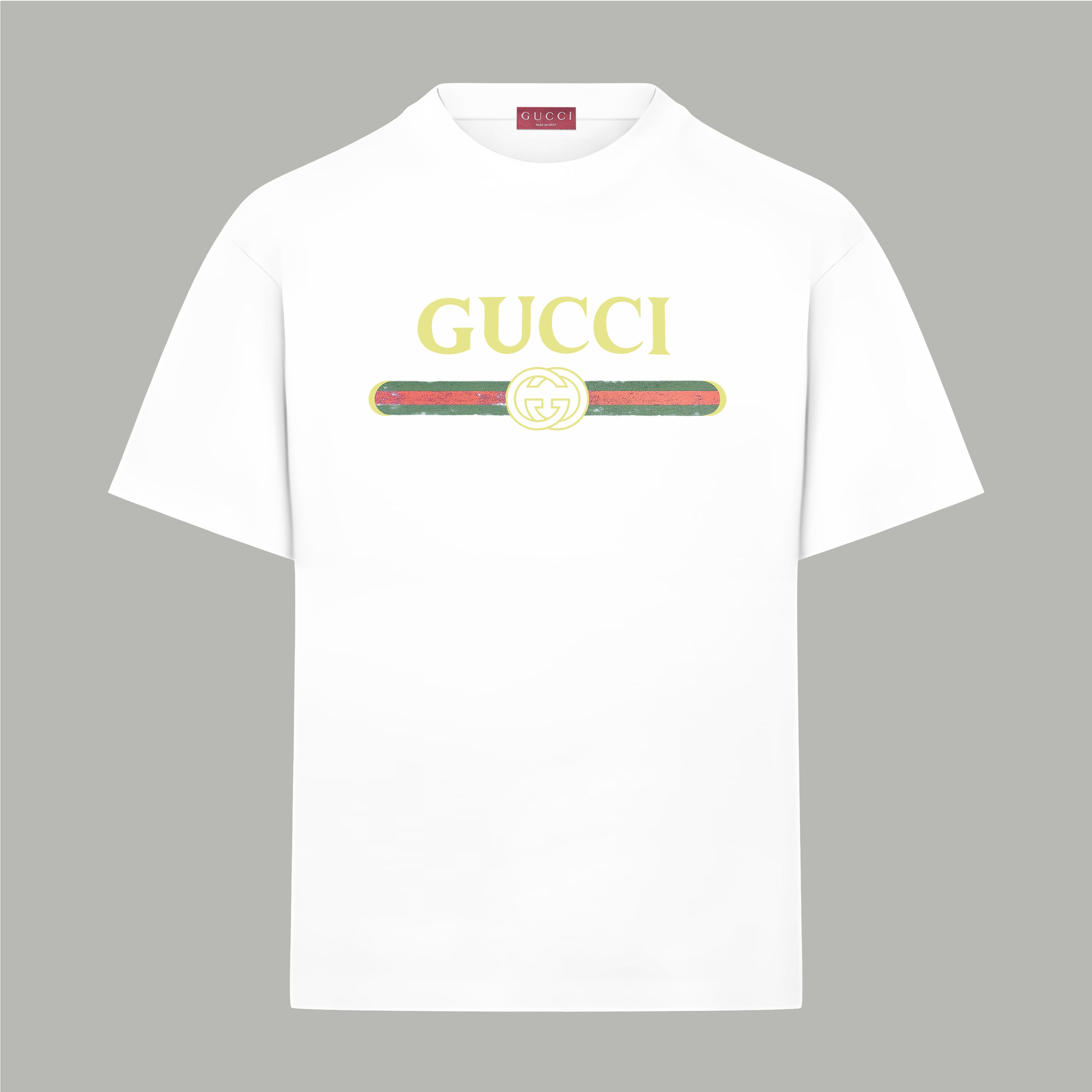 Gucci white short-sleeve T-shirt with multicolor Gucci logo graphic