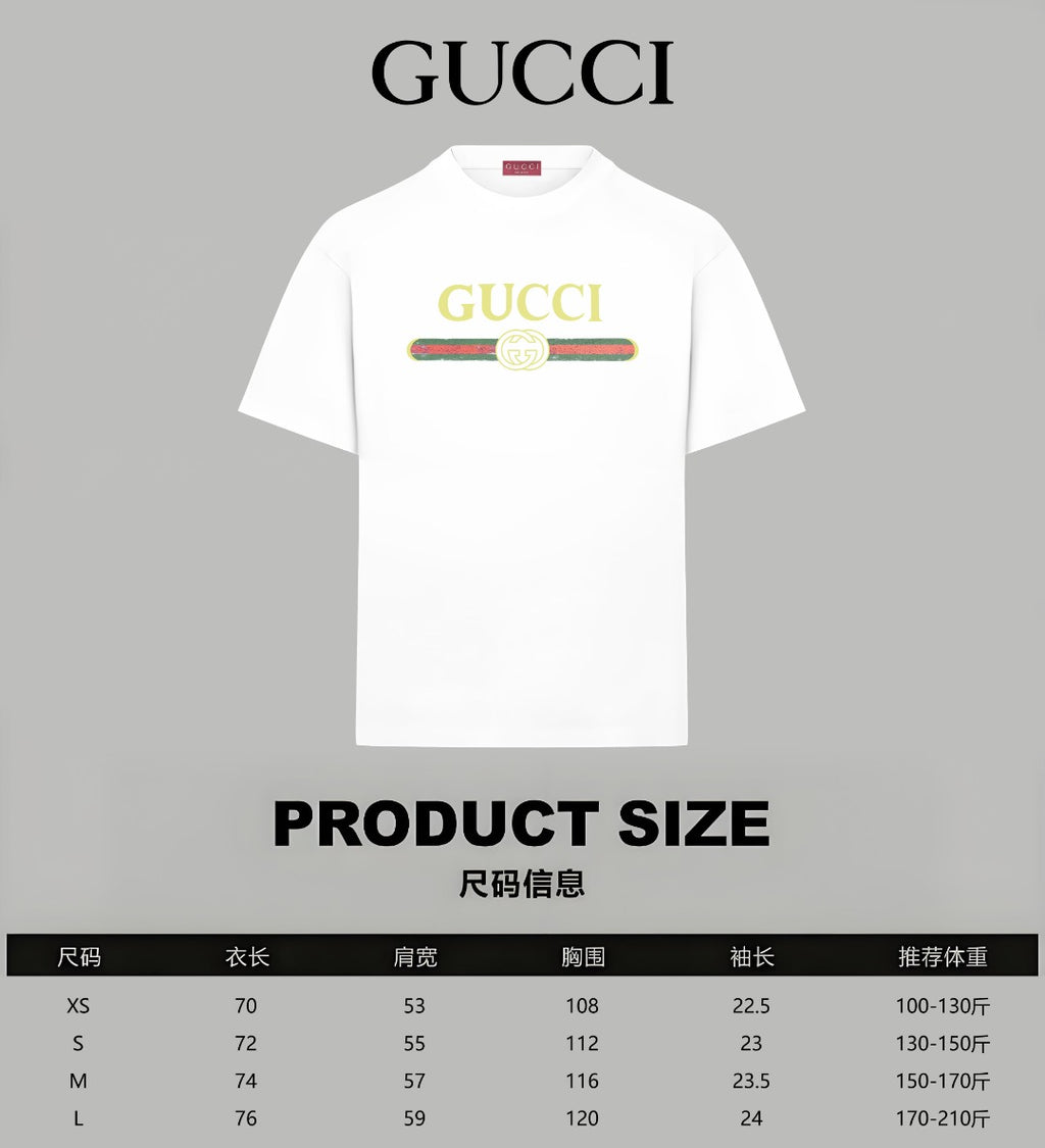 Gucci white short-sleeve T-shirt front view with multicolor logo graphic