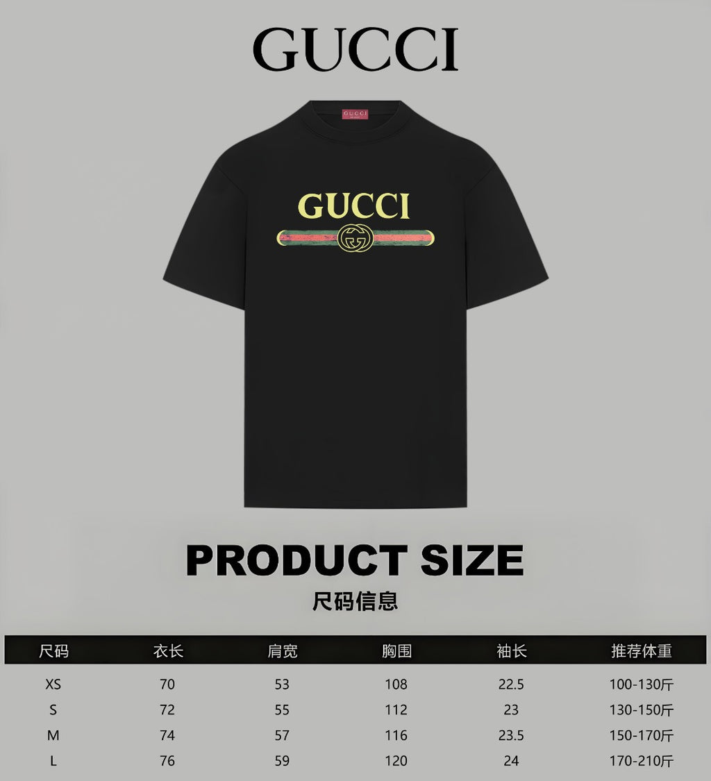 Black Gucci T-shirt front with logo print and product size chart
