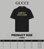 Black Gucci T-shirt front with logo print and product size chart