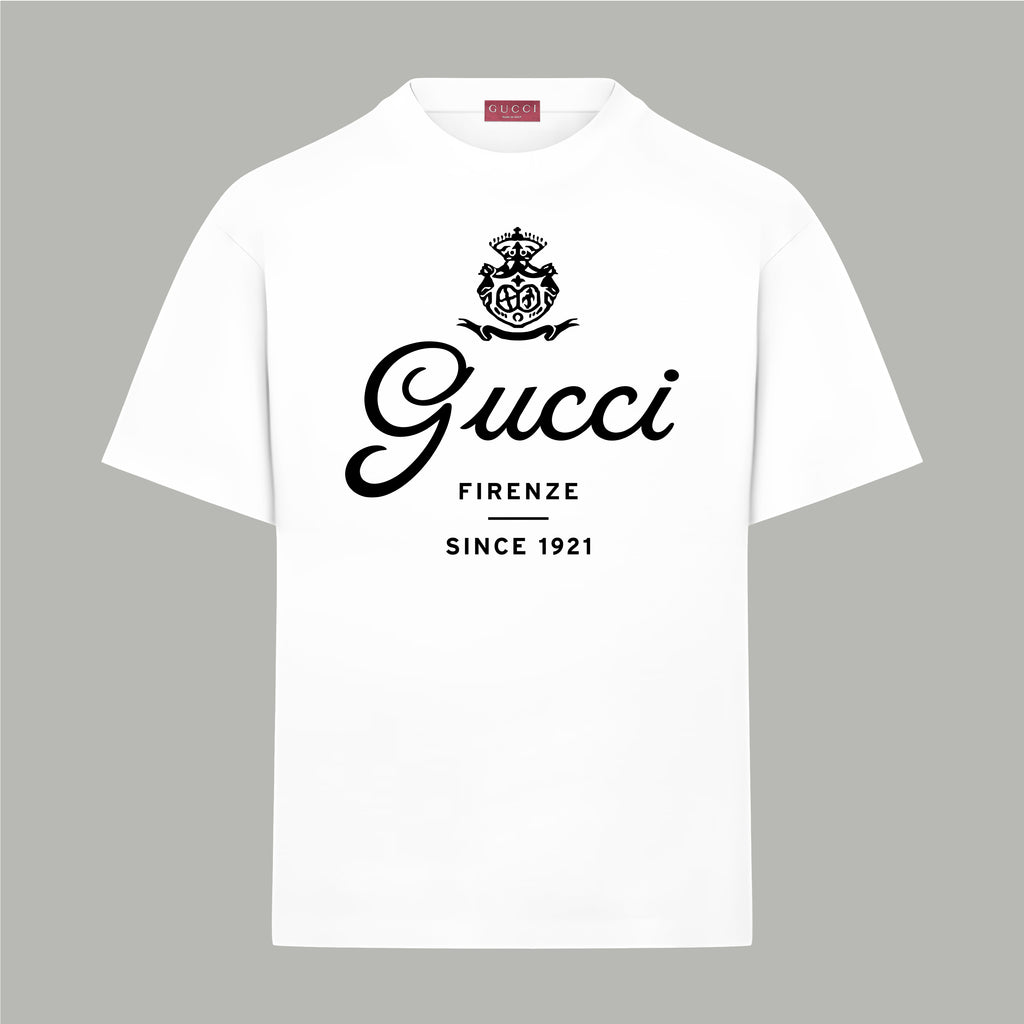 White short-sleeve T-shirt with Gucci crest and 'Gucci Firenze Since 1921' print