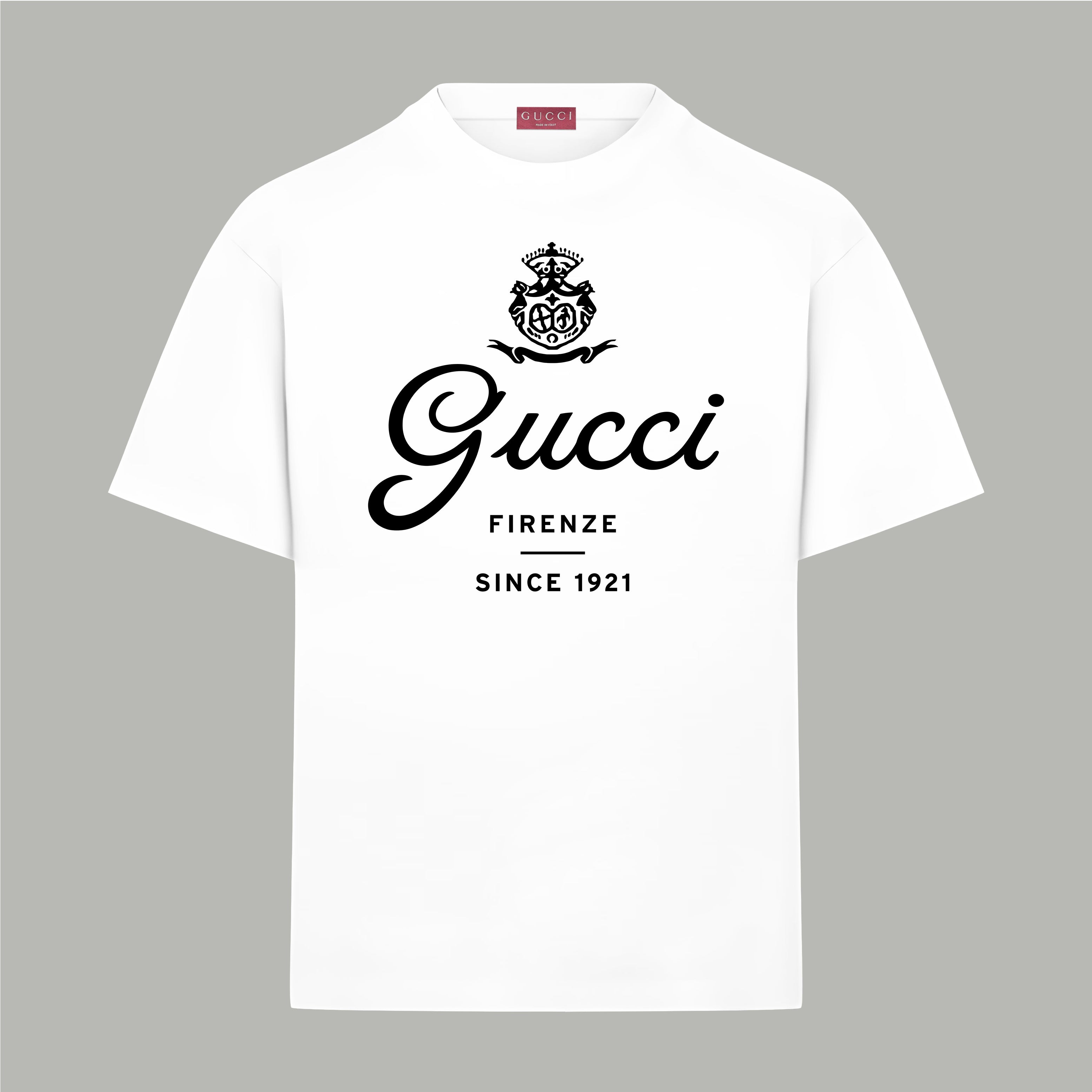 White short-sleeve T-shirt with Gucci crest and 'Gucci Firenze Since 1921' print