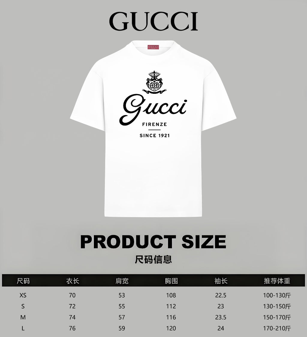 White short-sleeve T-shirt with front Gucci crest and 'Firenze Since 1921' print