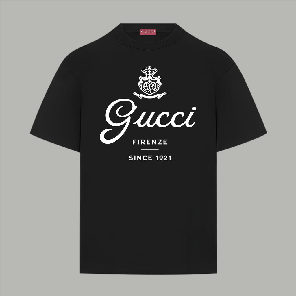Black Gucci short-sleeve T-shirt with crew neck and white “Gucci” logo graphic