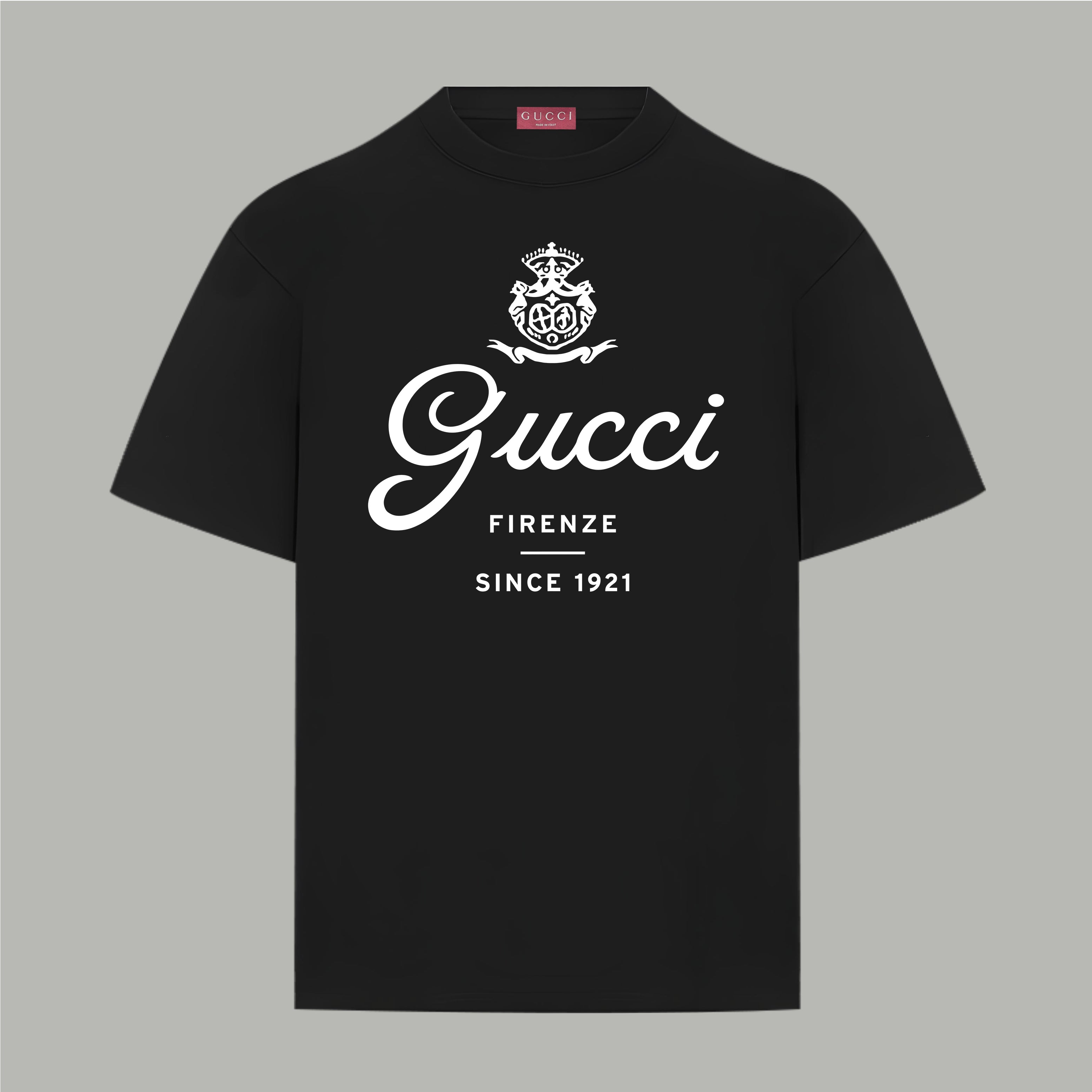 Black Gucci short-sleeve T-shirt with crew neck and white “Gucci” logo graphic