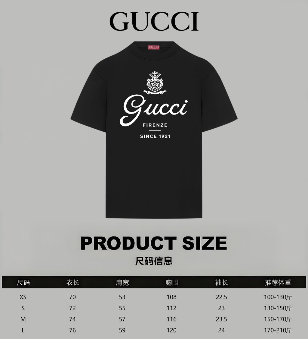 Black Gucci short-sleeve T-shirt with front logo; product size chart shown