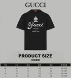 Black Gucci short-sleeve T-shirt with front logo; product size chart shown