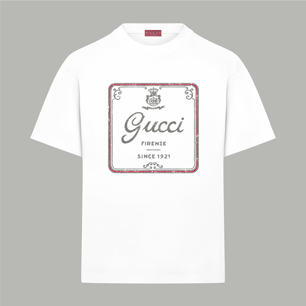 White Gucci T-shirt with front square logo graphic and red trim border
