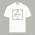 White Gucci T-shirt with front square logo graphic and red trim border
