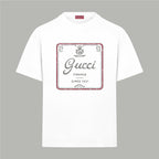 White Gucci T-shirt with front square logo graphic and red trim border