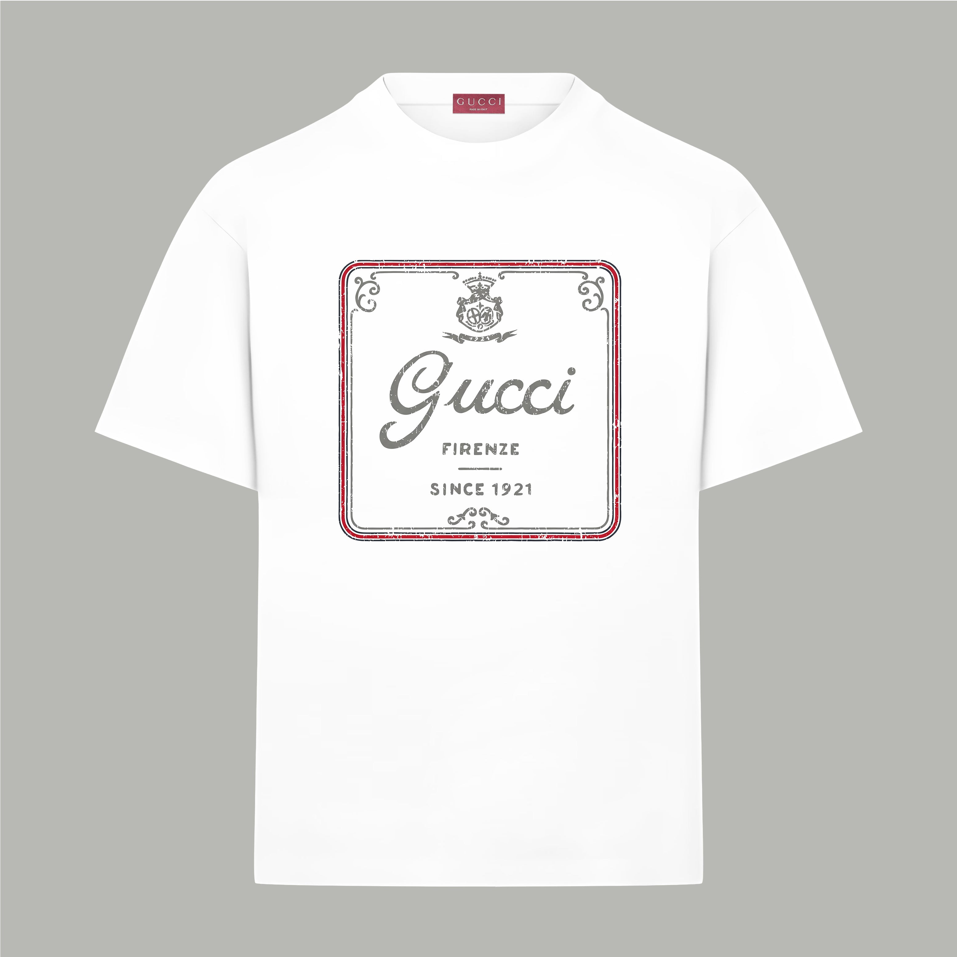 White Gucci T-shirt with front square logo graphic and red trim border