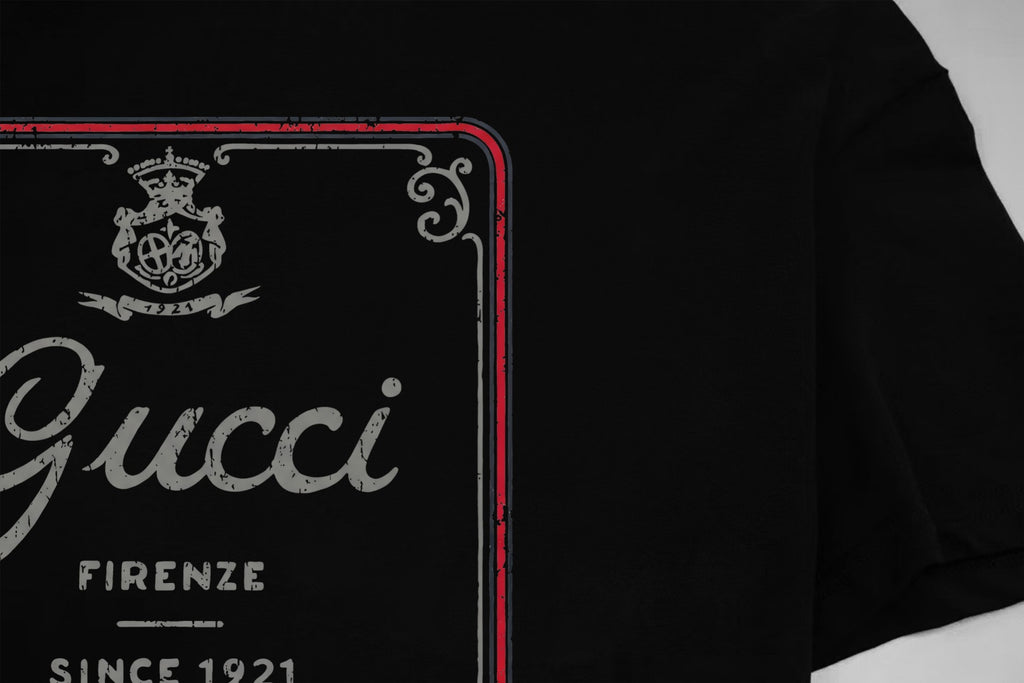 Black Gucci T-shirt front logo panel with red border and crown emblem