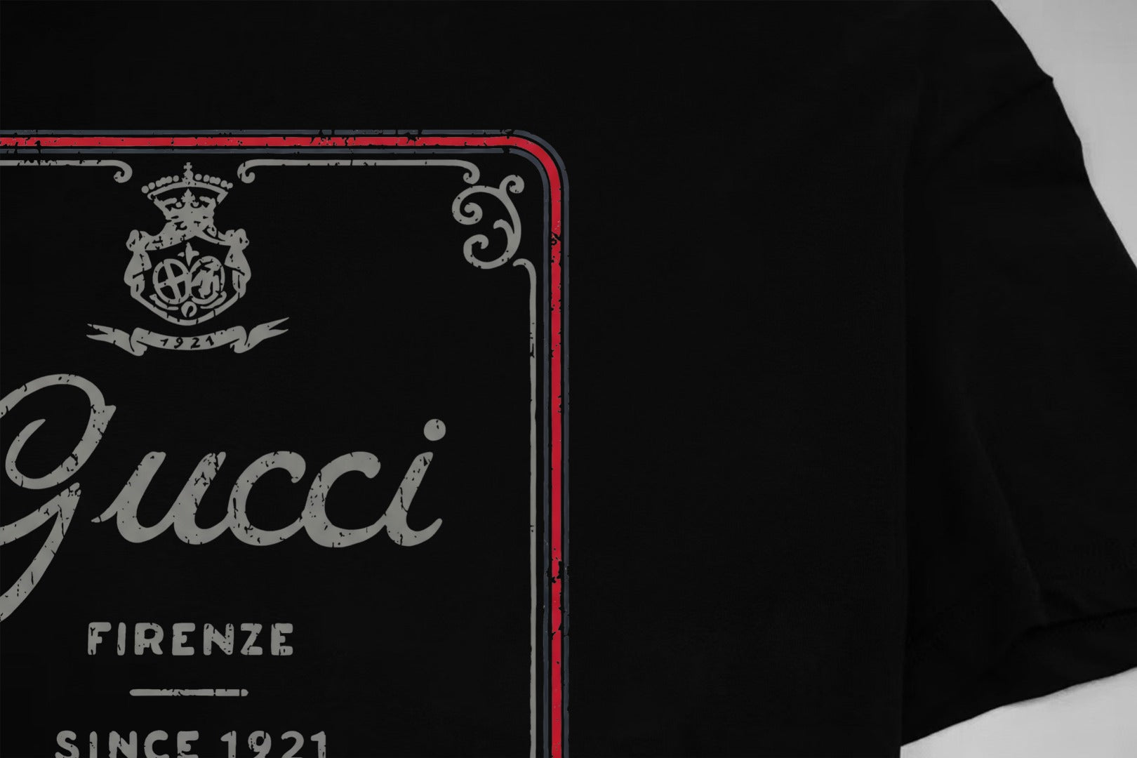 Black Gucci T-shirt front logo panel with red border and crown emblem