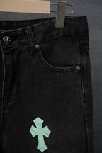 Black denim pants front pocket with mint cross applique