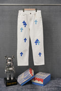 White denim pants with blue cross print, button fly and front pockets