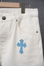 White denim pants with blue cross patch on pocket area