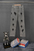 Gray denim pants with black cross patches, straight leg and button fly