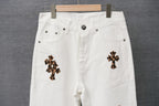 White denim pants with button waistband and leopard cross patch details