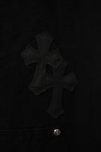 Black cross-embroidered cargo pants with metal button closure