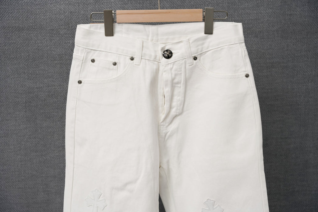 Chrome white denim pants, waistband and button closure, straight legs