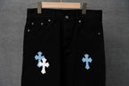 Chrome pants, black with light blue cross embroidery on front legs
