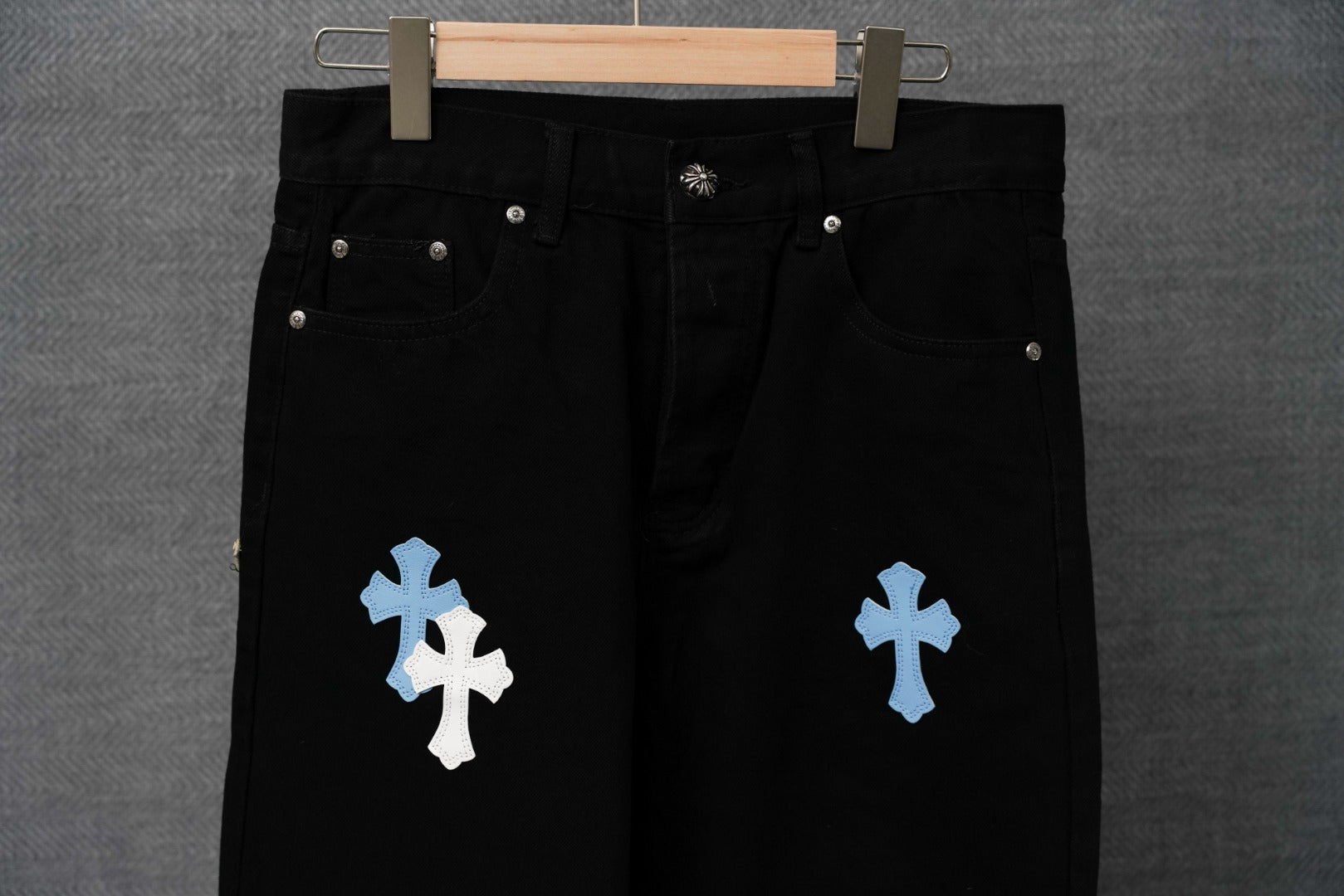 Chrome pants, black with light blue cross embroidery on front legs