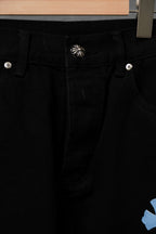 Chrome pants, black waistband with logo-styled button detail