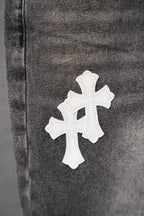 Dark gray denim with large white cross patch detail