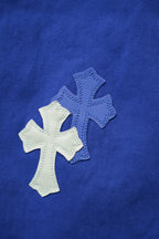 Blue Chrome pants fabric with cross applique embroidery in light thread