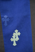 Chrome pants in blue with three cross applique patches on the leg