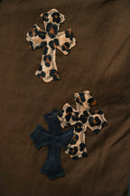Chrome pants in brown with cross appliques and leopard-print cross details