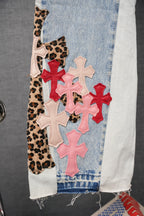 Light blue denim with leopard-print panel and pink, red, white cross appliques