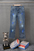 Chrome denim pants with blue cross patches, straight leg