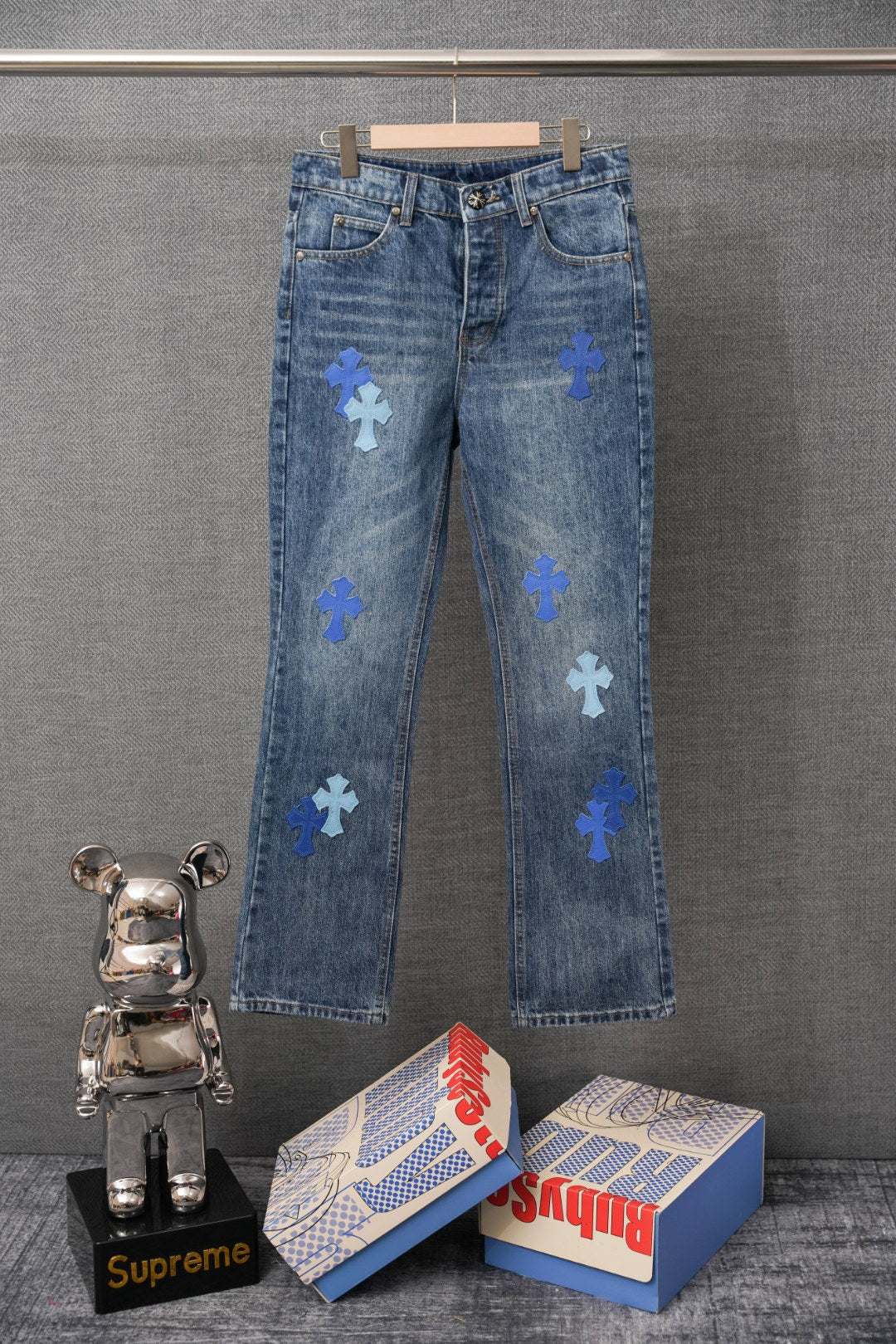 Chrome denim pants with blue cross patches, straight leg