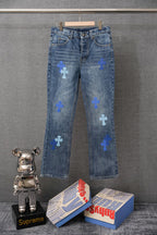 Denim pants with blue cross patches, straight leg and five-pocket style