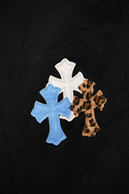 Chrome pants, black denim with blue and white cross patches and leopard cross