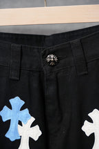 Chrome pants, black waistband with decorative belt ring and front button