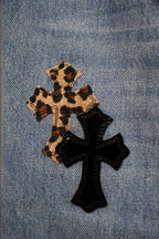 Chrome pants denim knee patch with leopard cross and black cross appliqué