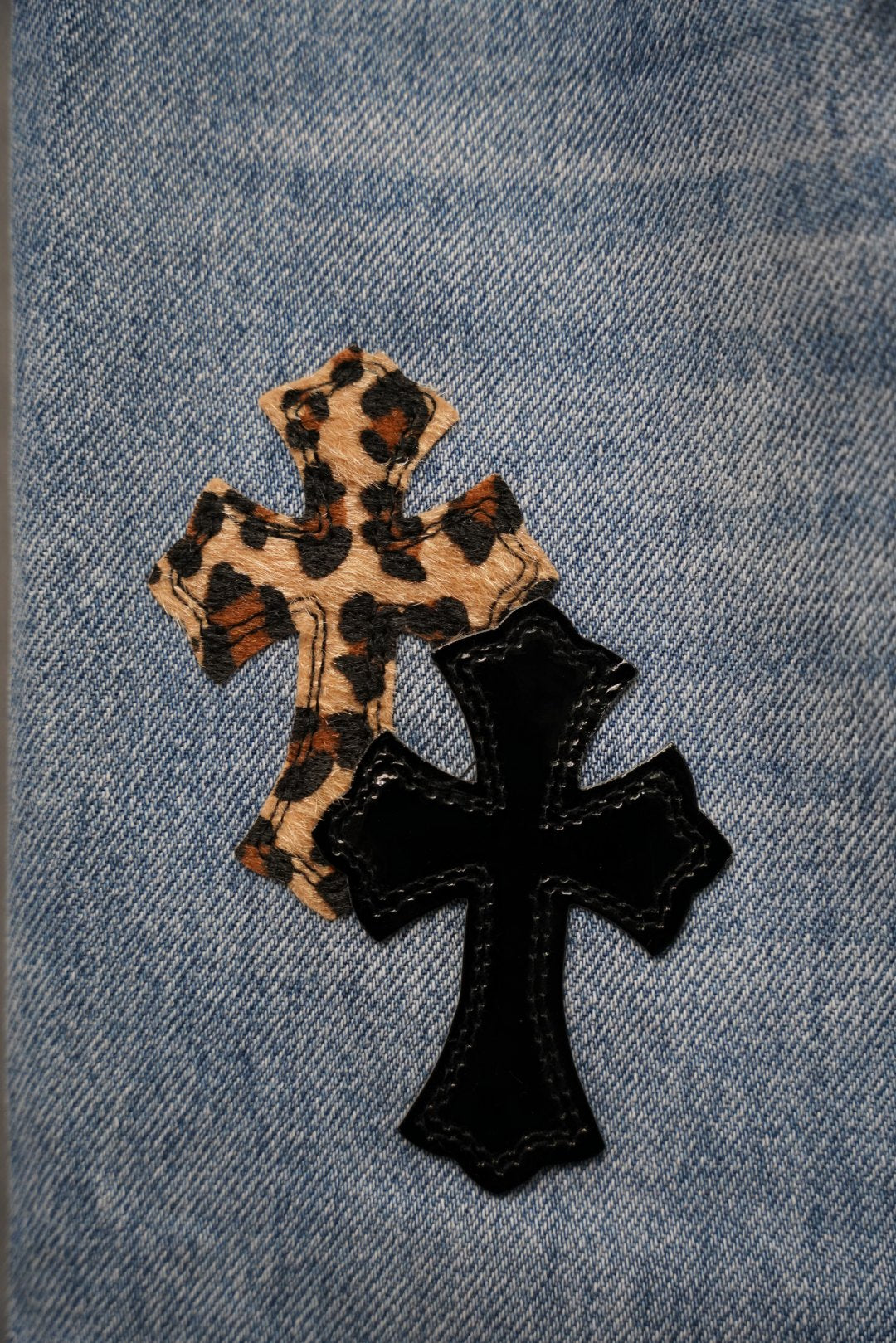 Chrome pants denim knee patch with leopard cross and black cross appliqué