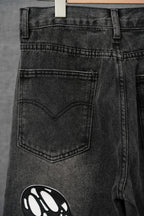 Chrome pants, dark denim with back pocket detail, belt loops and stitched seams